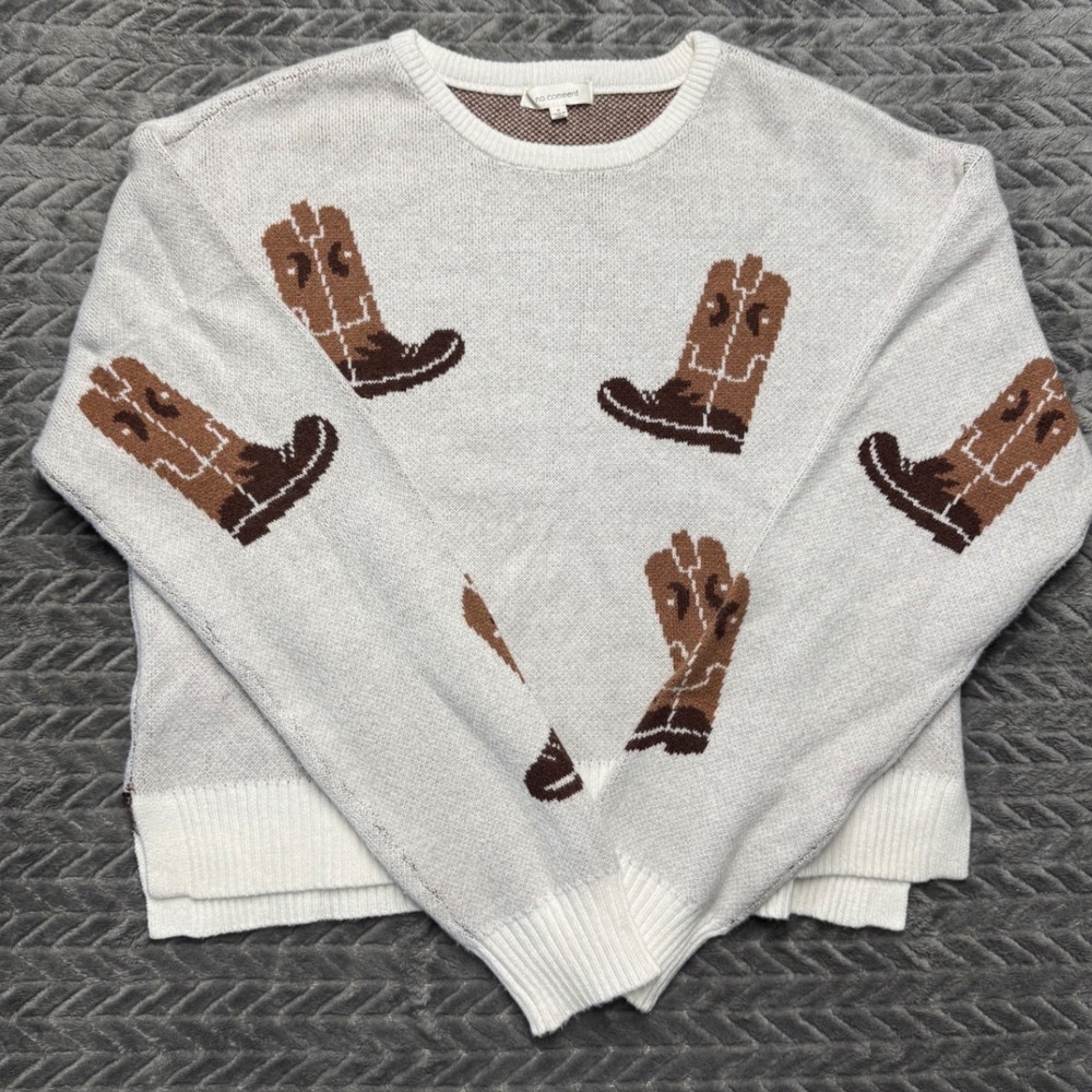 No Comment Cowboy Boot Sweater M White Brown Western Knit RS638636 (1871)‎